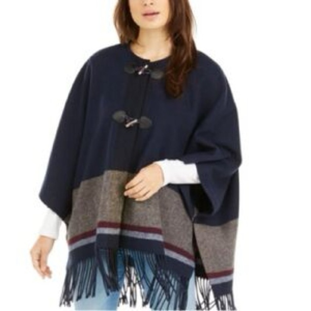 Navy Gray Color Block Tommy Maine Camp Poncho Fringe Trim NWOT